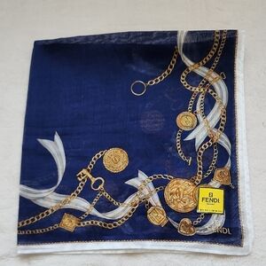 Fendi Blue and Gold Chain Pattern Scarf